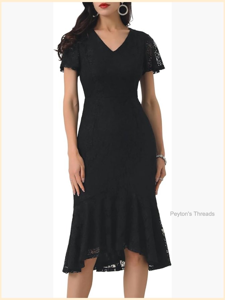 Womens Lace Floral Midi Dress Fishtail Cocktail Short Sleeve Bodycon